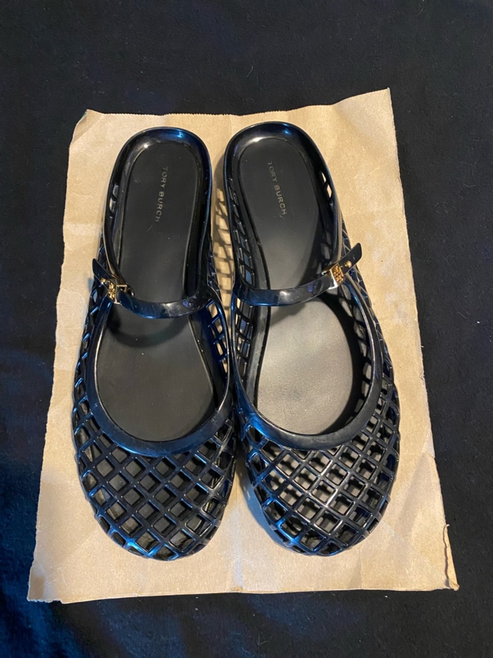 Women’s Tory Burch Black Lattice Mary Jane Jelly Flats with Gold Logo Accent